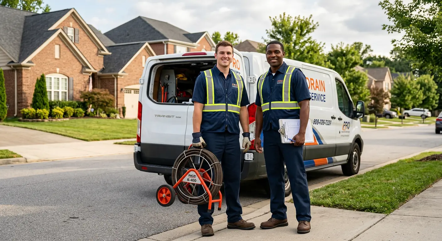 Sewer and drain service team with equipment ready for work in Cheval