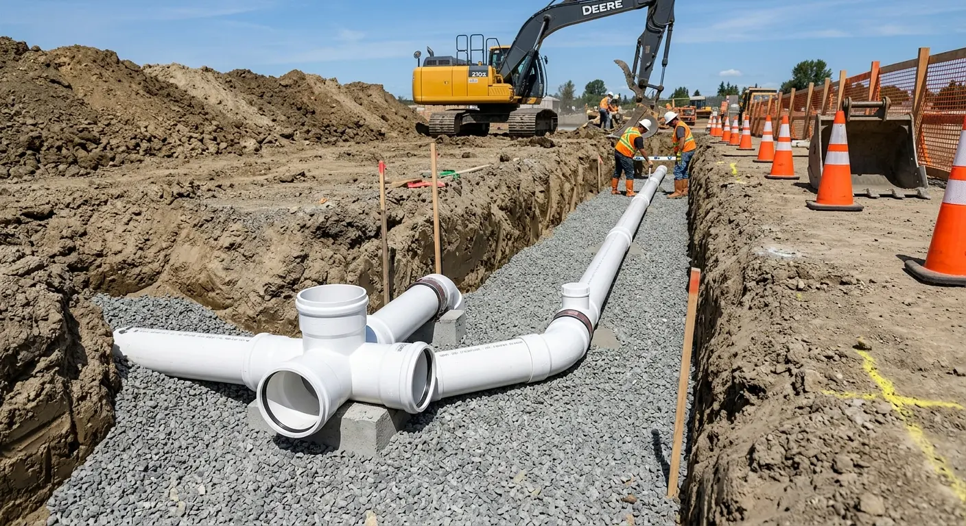 New PVC sewer pipe installation in open trench for Sewer Backup in Cheval