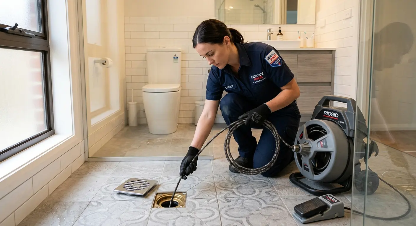 Technician clearing a bathroom floor drain for Drain Cleaning in Cheval
